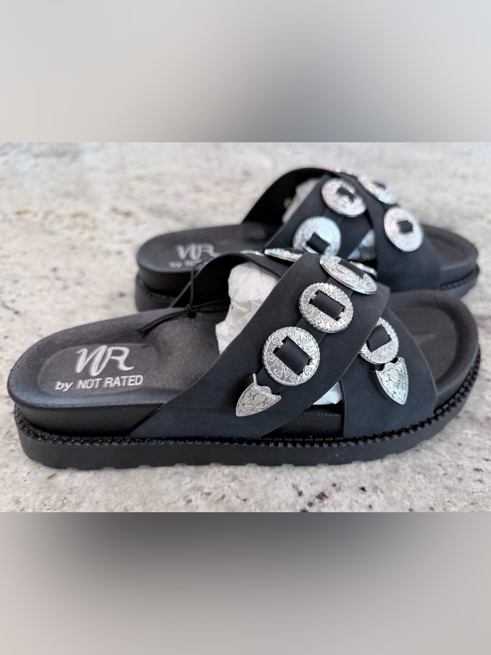"CALANTHE" WESTERN CONCHO SANDAL IN BLACK by NOT RATED (NEW)